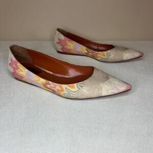 Missoni Fabric Zigzag Pointed Toe Flats Shoes Pink Orange Beige Size 38 Italy